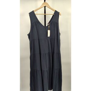 Quince Womens 100% Organic Cotton Gauze Tiered Maxi Dress Indigo Blue XL